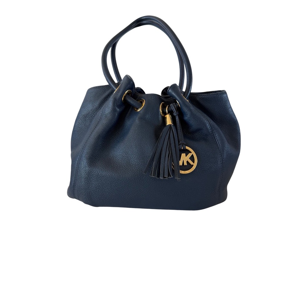 Michael Kors Navy Blue Pebbled‎ Leather Tassel Shoulder Bag MK Logo Tote